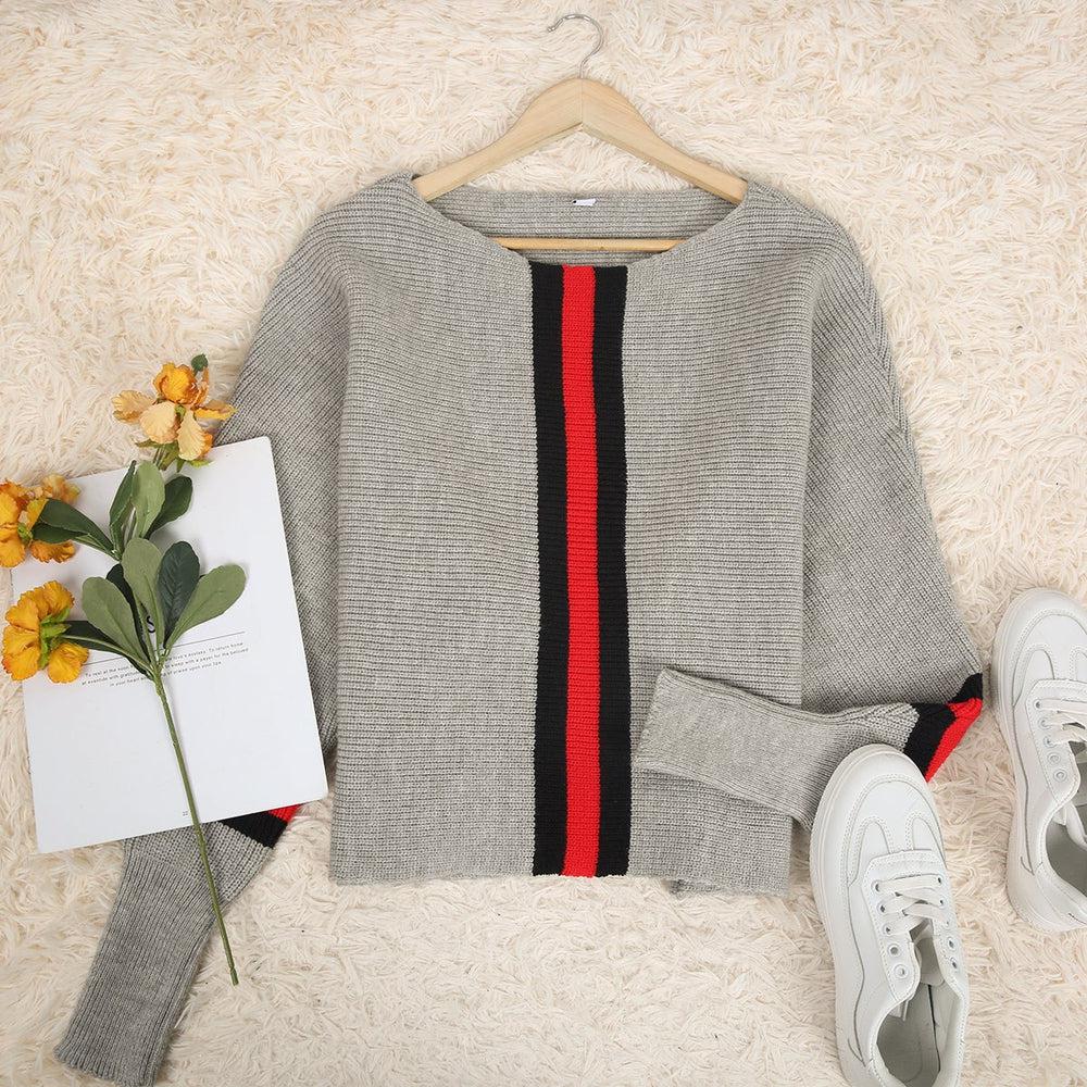 Drune | Grauer Dolman Pullover mit Roten Streifen