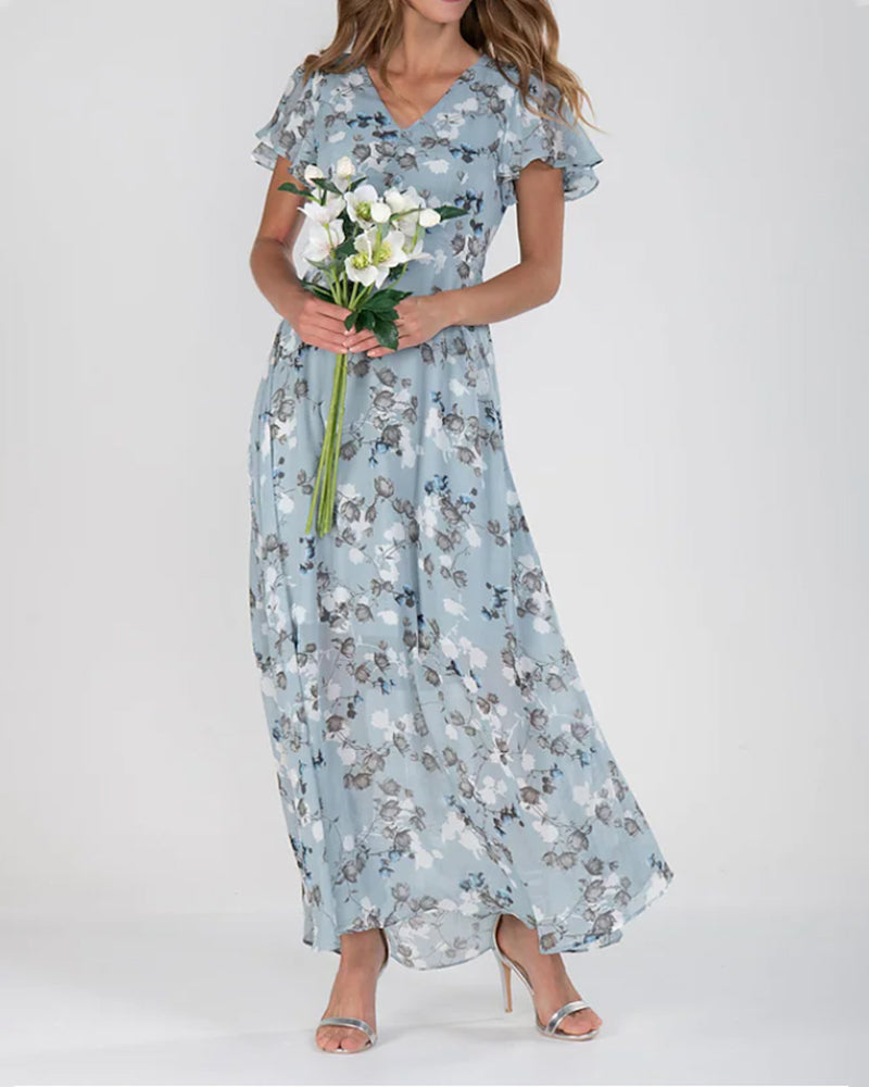 Drune - Florales Maxikleid Damen | Chiffonstoff luftiges Sommerkleid | Maxikleid mit fließendem Rock