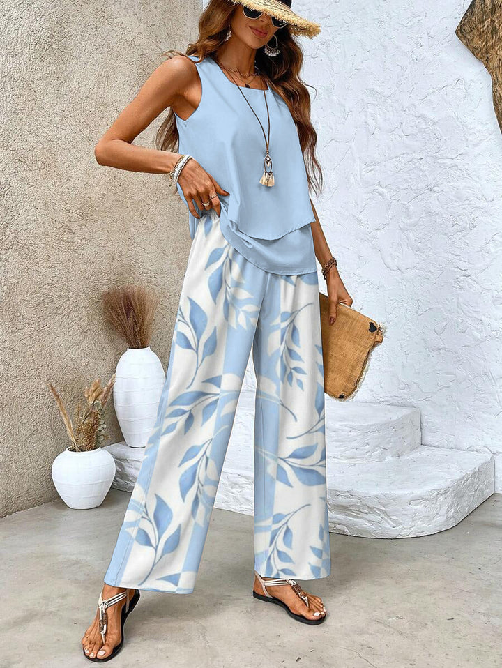Drune | Stilvolles Blumenmuster Top und Hosen Set