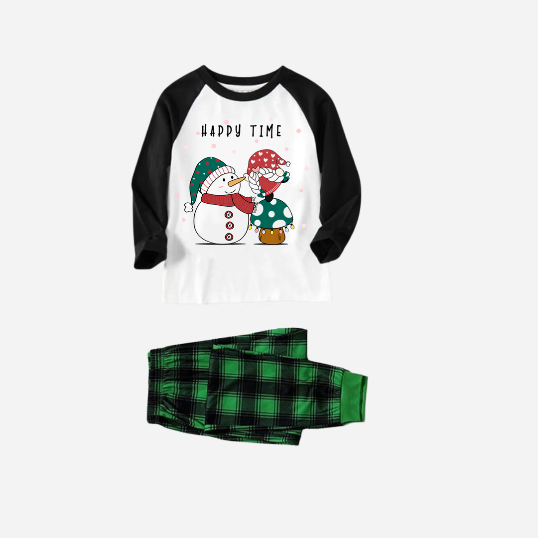 Drune | Schwarzes Raglan-Oberteil Grünes Karomuster Weihnachten Schlafanzug-Set Mit Schneemann und Gnom und "Happy Time" Textdruck