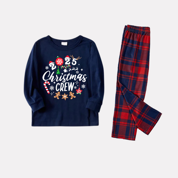 Drune | "2025 Weihnachtsmann Crew" Text und Santa Hat Drucke Blau Langarm Top mit Rot- und Blaukarierten Hosen Weihnachts Matching Pyjamas