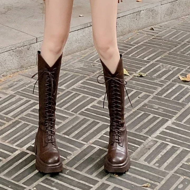 Drune | Hohe Stiefel Damenstiefel mit Schnürung und Robuster Ferse