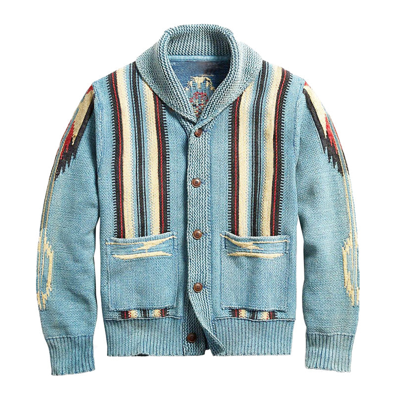 Drune | Strickjacke im Vintage Western Stil - Cardigan mit Schalkragen & Aztekenmuster, Knopfleiste & Taschen