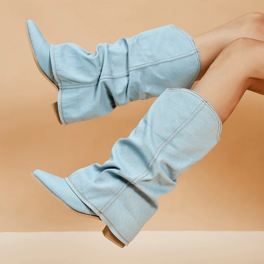 Drune | gefaltete denim-stiefel mit blockabsatz