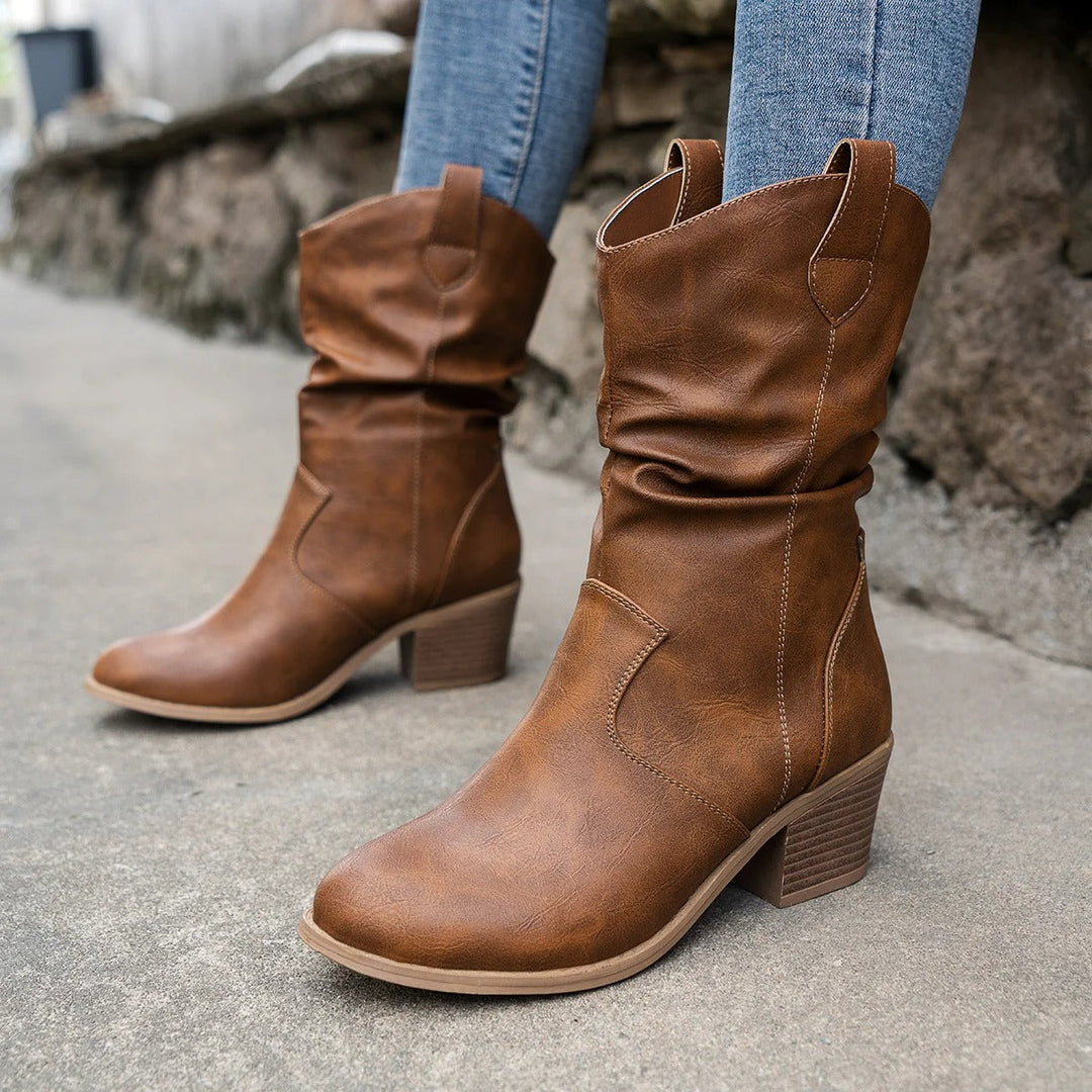 Damen Lederstiefel mit bequemem Absatz – Amara Drune