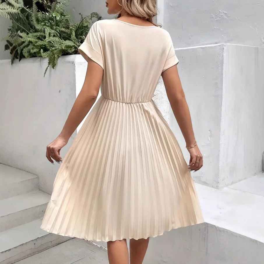 Drune | Einfarbig Plissierter Kurzarmkleid