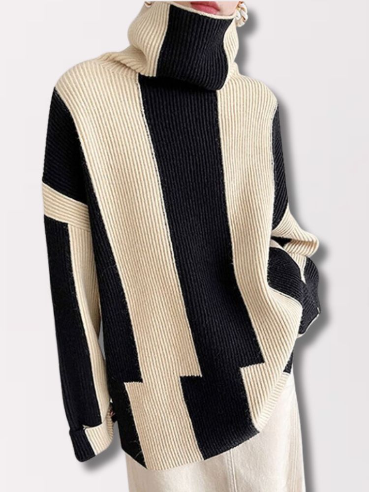 Drune | Pullover - Damen Herbst Hochkragen Zweifarbiger Strickpullover