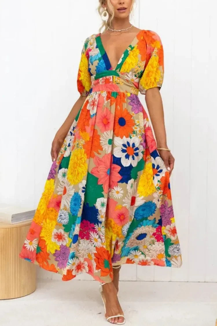 Drune Floral Sommerkleid | Luftiges elegantes Sommerkleid mit V-Ausschnitt und Bubble Sleeves und Blumendruck