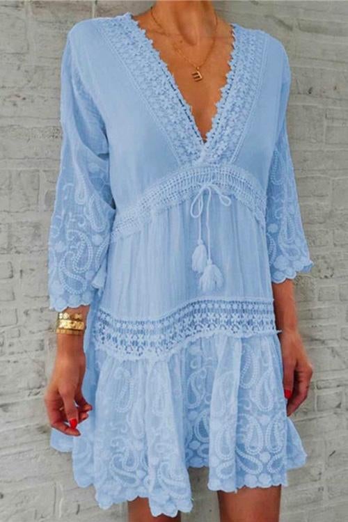 Drune | Rosiedress V-Ausschnitt Spitze Besatz Quasten Schwungkleid