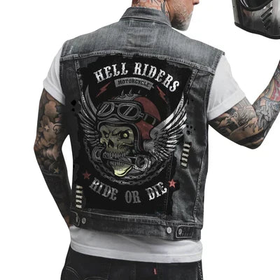 Drune Herren Motorrad-Denimweste mit Motorrad- und Skelettdruck