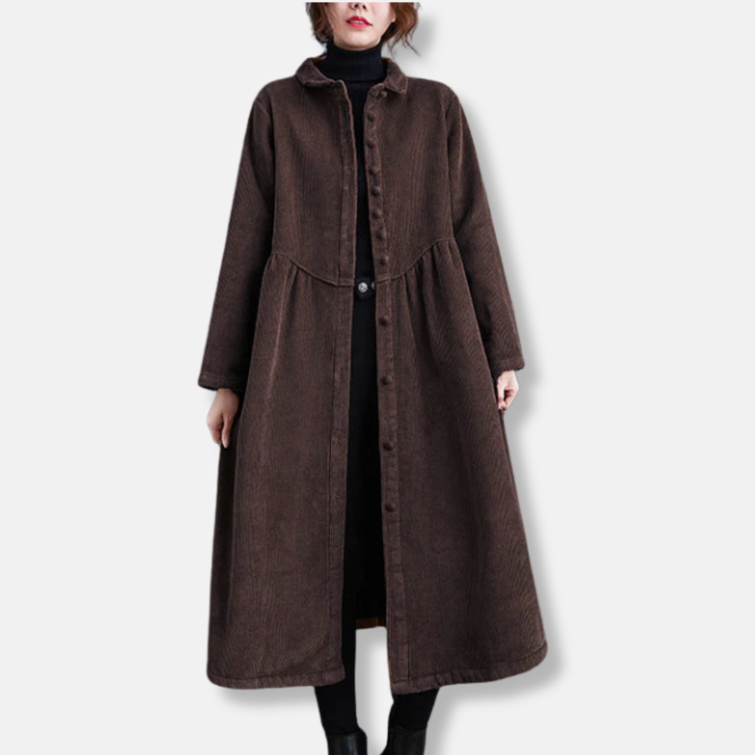 Drune | Lange Jacke Cord A-Linie Lockere Passform Hoher Kragen Midi Knopfverschluss