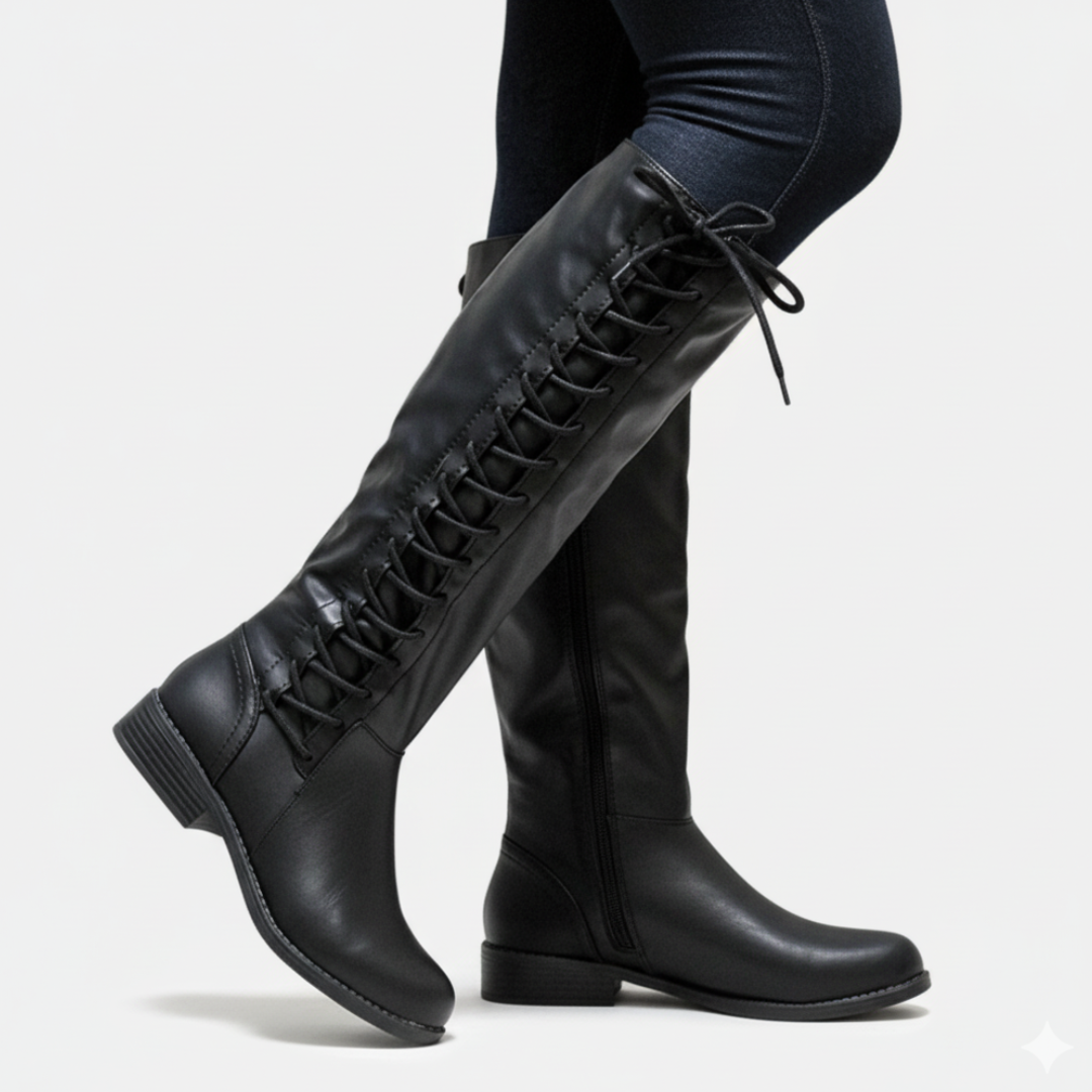 Drune | Knielange Stiefel Kunstleder Kreuzschnürung Seitlicher Reißverschluss Niedriger Absatz