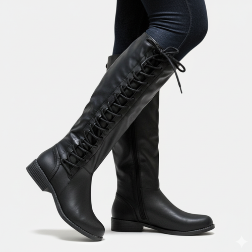 Drune | Knielange Stiefel Kunstleder Kreuzschnürung Seitlicher Reißverschluss Niedriger Absatz