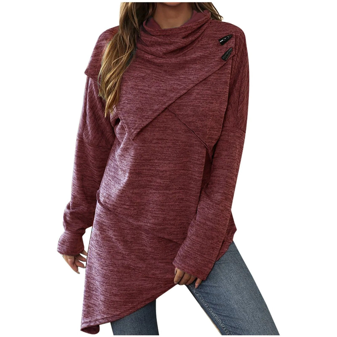Drune | Damen Hoodie - Langer Pullover mit Wickelkragen & Knopfdetails