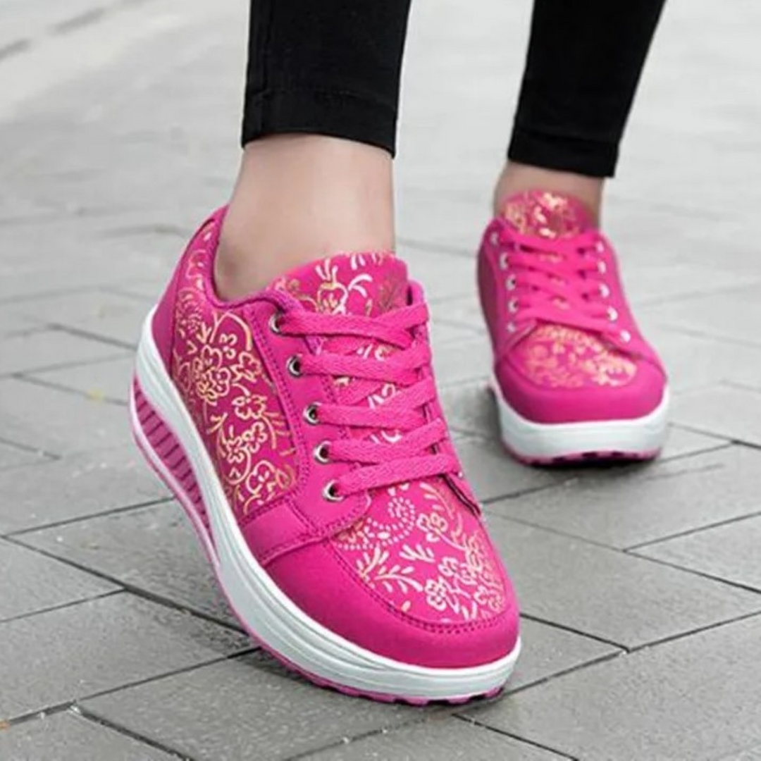 Drune | Schwarze Leder Orthopädische Damen Sneakers Mit Blumenmuster