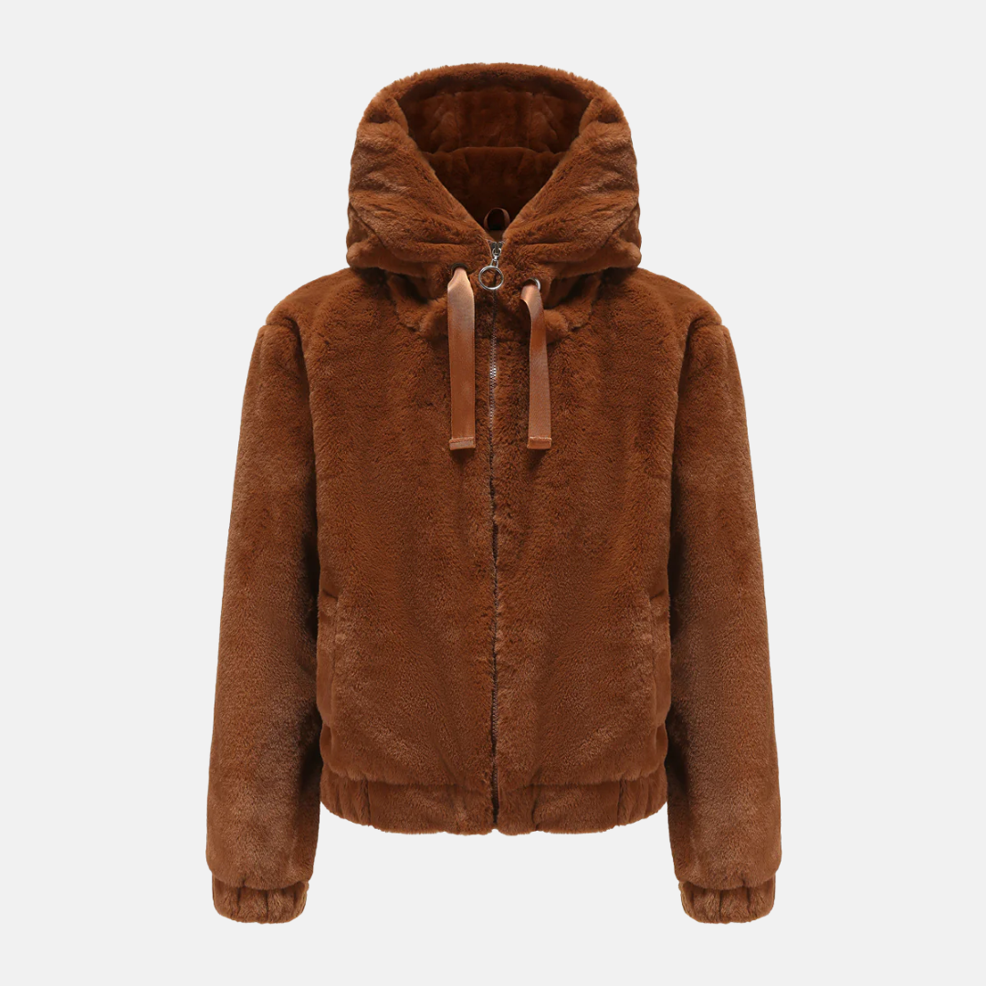 Drune | Kurzmantel Lockere Passform Flauschiger Sherpa Look Kapuze Elastische Bündchen