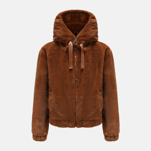 Drune | Kurzmantel Lockere Passform Flauschiger Sherpa Look Kapuze Elastische Bündchen