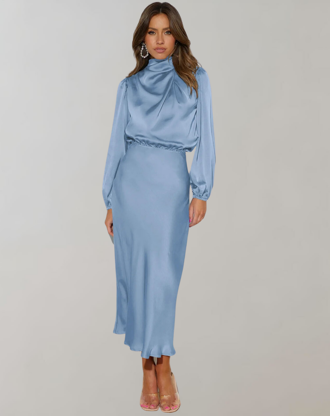 Drune | Klassisches Satin Kleid Mit Hohem Kragen Und Langen Ärmeln Für Frauen