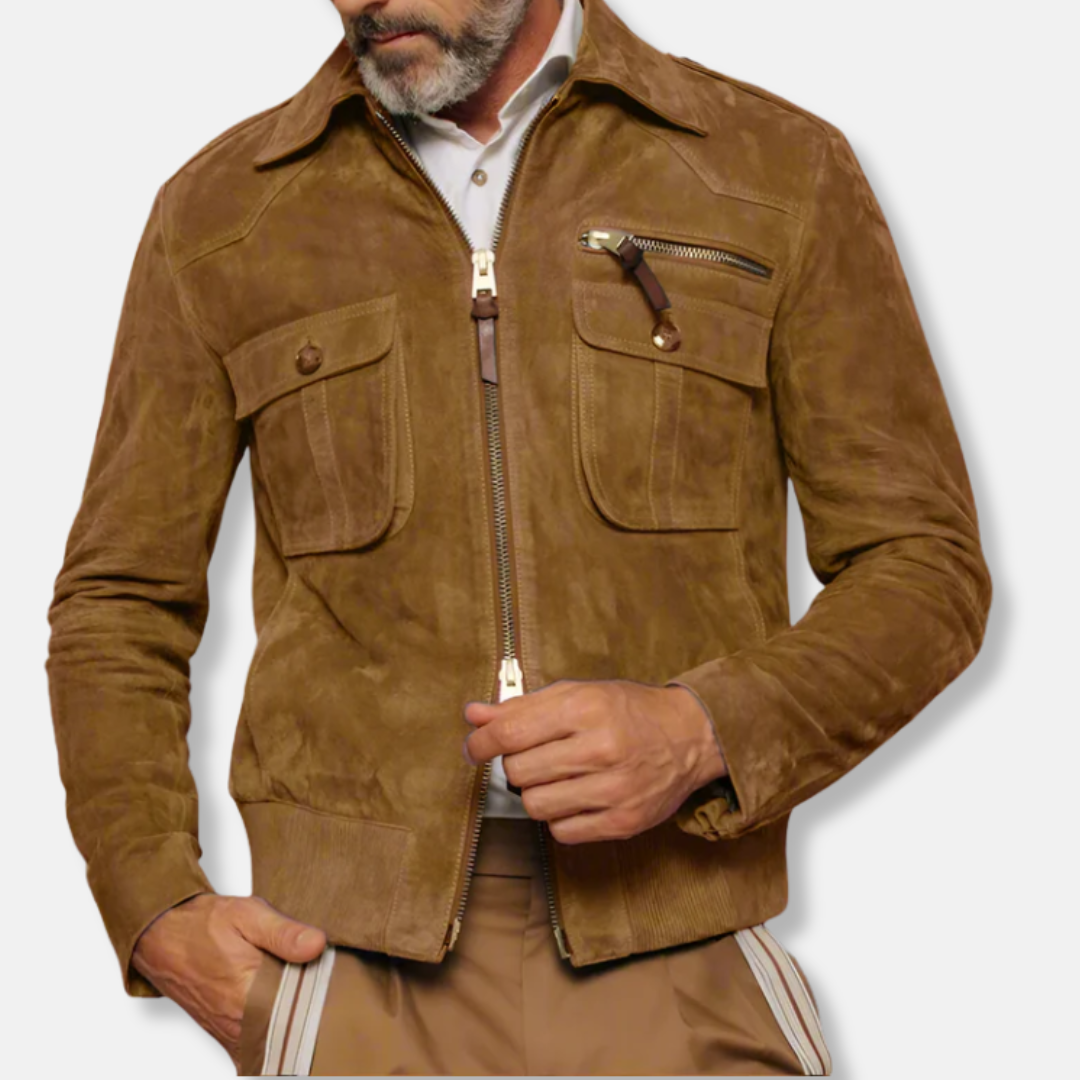 Drune | Maßgeschneiderte Jacke - Kragenjacke in hüftlanger Lederbesatzjacke