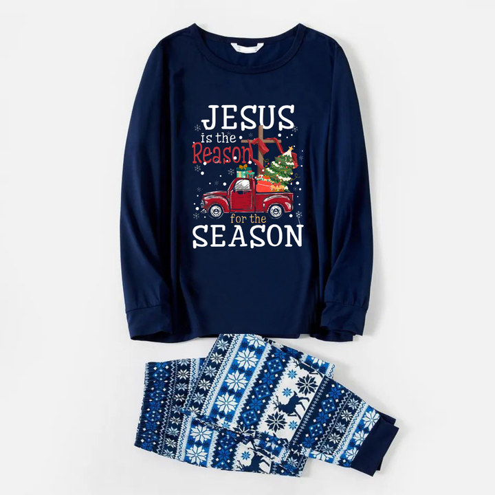Drune | Fröhliche blaue Weihnachts-Pyjama-Set mit "Jesus ist der Grund für die Jahreszeit" Textdruck