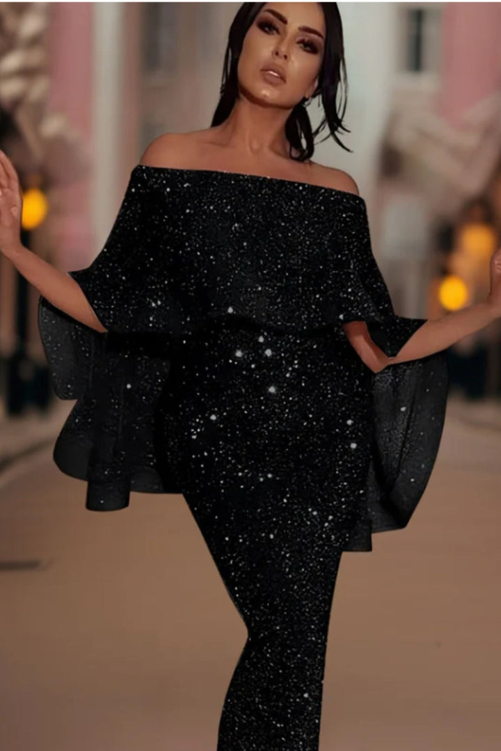 Drune | Off-Shoulder Glitzer Maxi Kleid