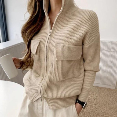 Drune | Beige Einfarbig Langarm Pullover mit hohem Ausschnitt