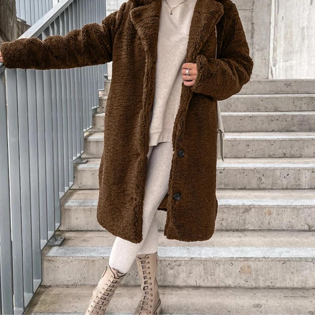 Drune | Teddy-Mantel - Langer Oversized-Schnitt - Weich und Warm - Druckknopfverschluss und Breiter Kragen