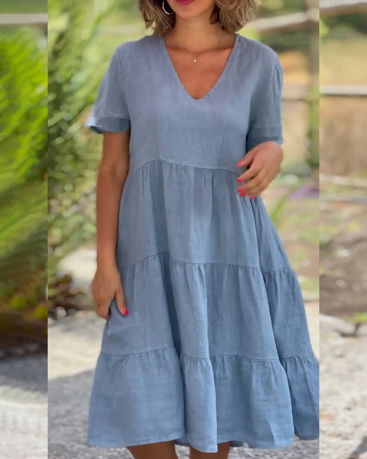 Drune | Einfarbiges Kleid aus Baumwoll-Leinen mit V-Ausschnitt