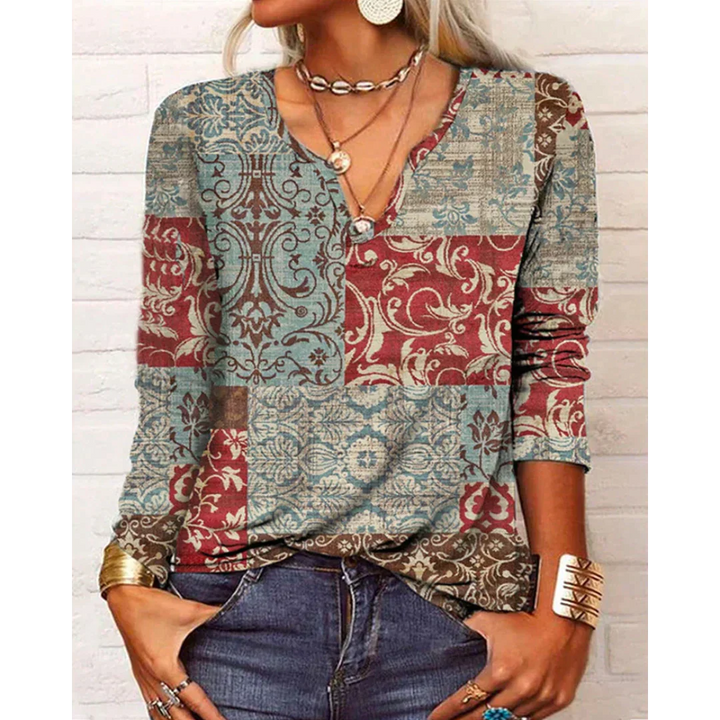 Drune | Stil V-Hals-Bluse mit langen Ärmeln - Buntes Blumenmuster-Design für Damen