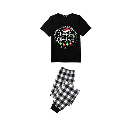 Drune | Gemeinsame Erinnerungen Familie Weihnachten 2025 Pyjama-Set - Schwarzes Oberteil Schwarz-weiße Karohose Weißer Text Grafik