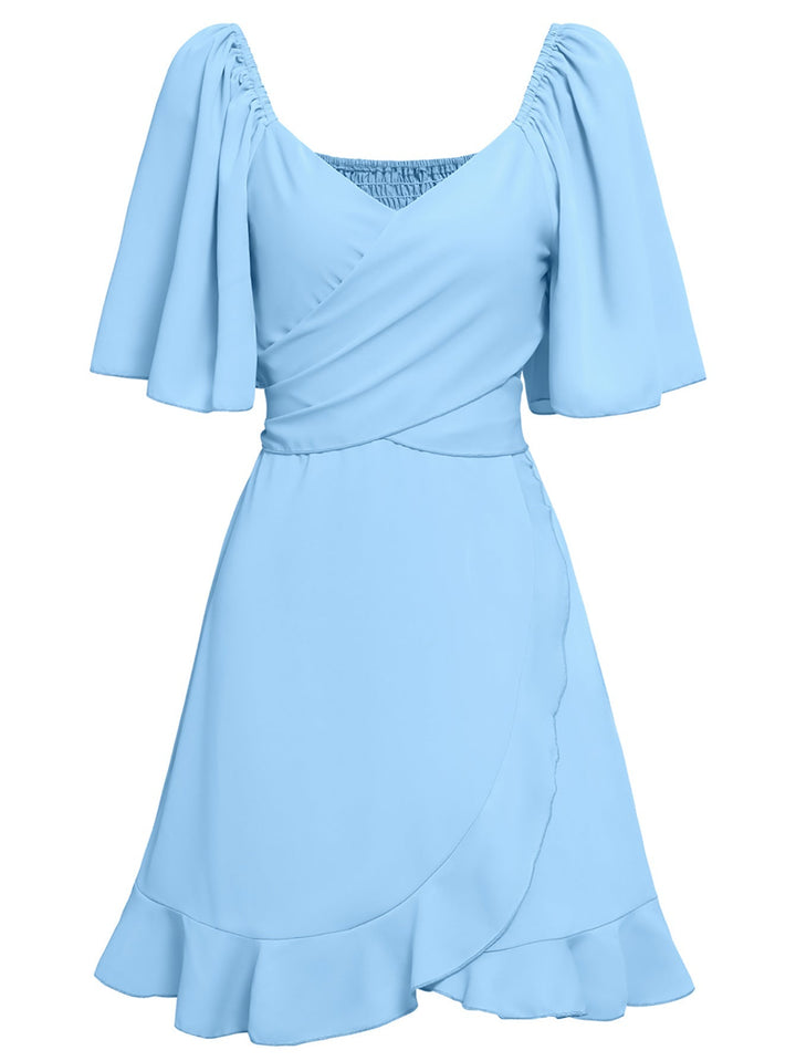 Drune | Lässiges Kreuz V-Ausschnitt Kurzarm Wickel Einfarbig Mini Kleid