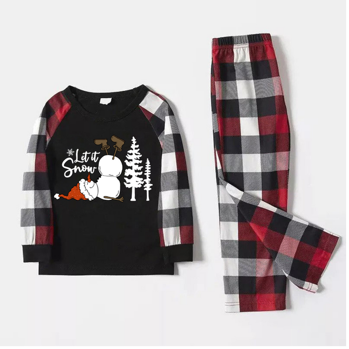 Drune | Lass es schneien Buchstaben und Schneemann Muster Kontrast Top mit Rot&Schwarz&Weiß karierten Ärmeln Familien passende Pyjamas