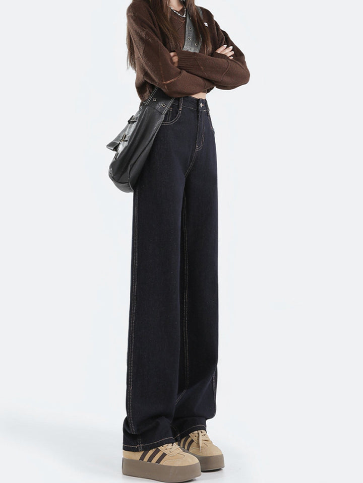 Drune | Lockere Dunkle Hohe Taillen Bodenlange Denim Hose