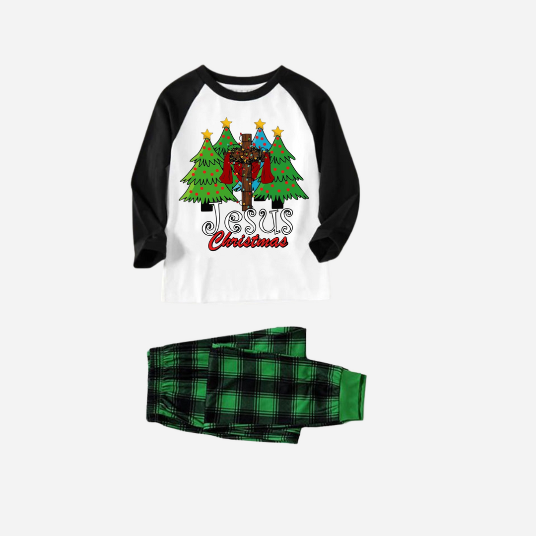 Drune | Jesus Weihnachtsfamilie passende Pyjama-Set - Schwarzes und weißes Oberteil mit grünen Karohosen
