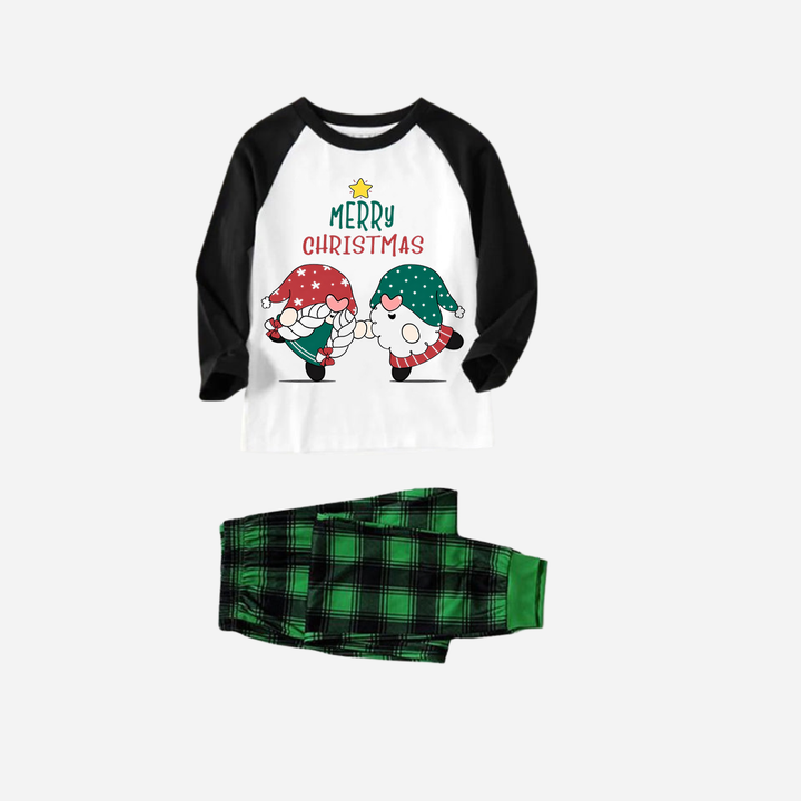 Drune | Schwarzes Raglan-Oberteil Grünes Karomuster Weihnachts-Pyjama-Set mit Gnom und Frohe Weihnachten Textdruck