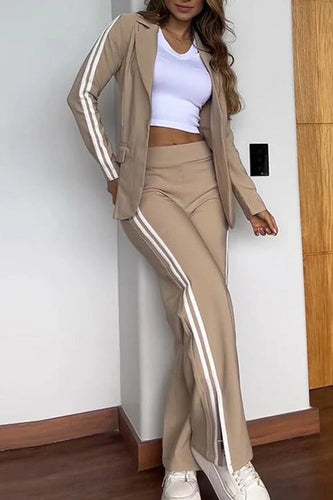 Drune | Rosiedress Farbblock Offene Front Blazer Elastischer Taillen Schlitz Weit Beinform Hose Set