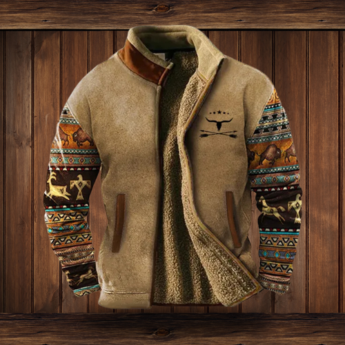 Drune | Herrenbraune Jacke - Tribal-Print-Ärmel mit Stehkragen