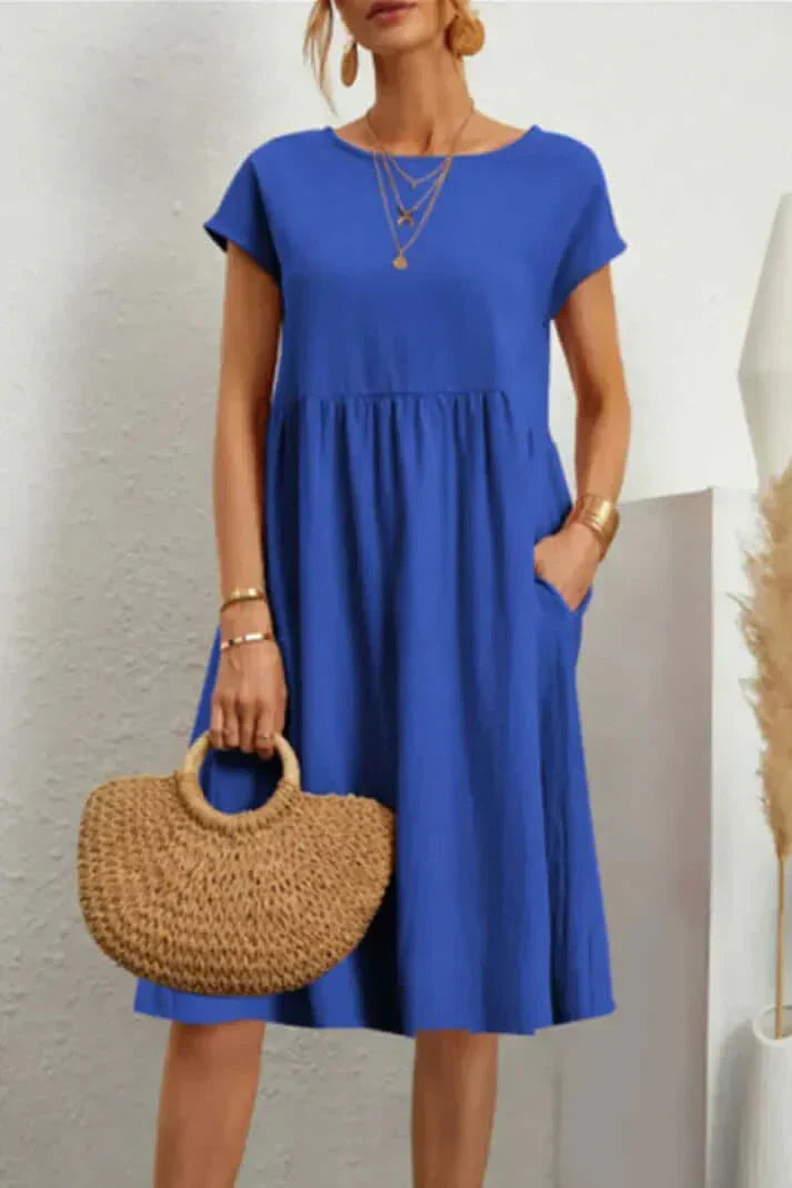 Drune | Einfarbiges, Lässiges Kleid mit Kurzen Ärmeln und Rundem Halsausschnitt