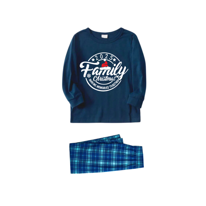 Drune | "2025 Familie Weihnachten Erinnerungen zusammen machen" Text Ring Muster - Blau Langarmshirt mit blauen Karomuster Familien-Matching-Pyjamas
