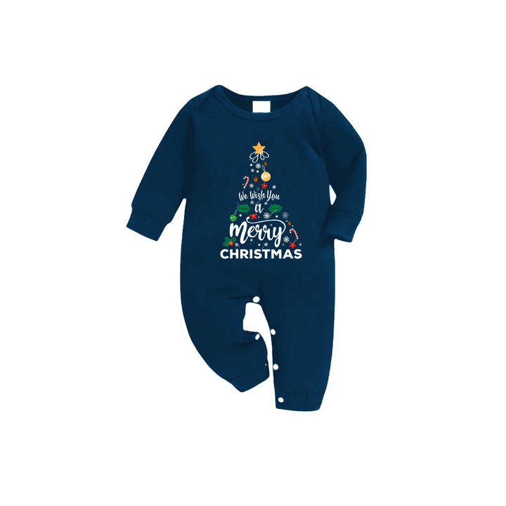 Drune | "Wir wünschen Ihnen ein frohes Weihnachten" Bedrucktes blaues Langarmoberteil mit blauer Karomuster Familien-Pyjamas im Partnerlook