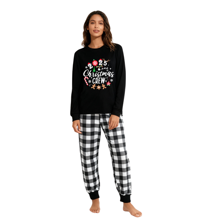 Drune | 2025 Weihnachts Crew Gemeinsam Erinnerungen Schaffen Textdruck Schwarzes Langarmshirt mit Schwarz-weissem Karohosen Familienpassende Pyjamas
