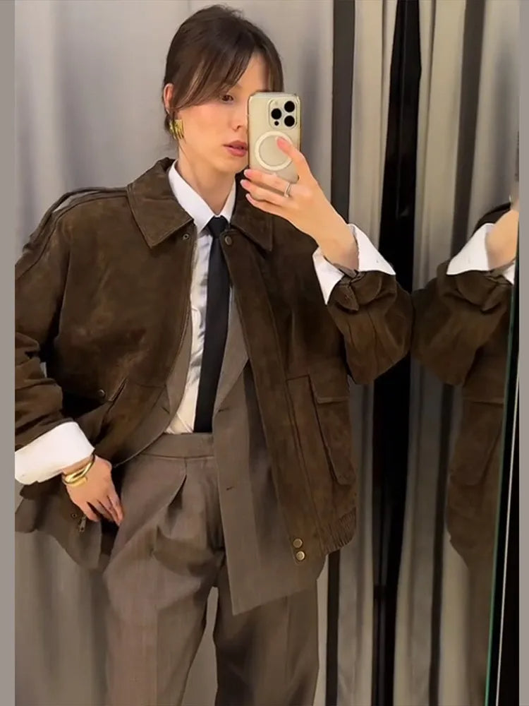 Drune | Wildlederlook Jacke mit Reißverschluss und Reverskragen