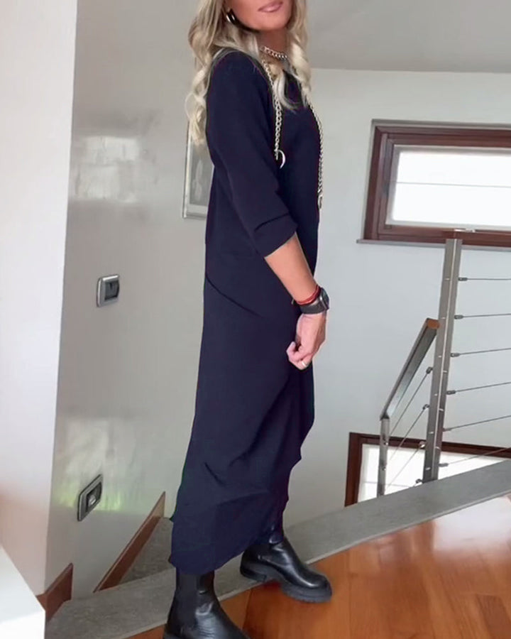 Drune | Elegantes Plissiertes Kleid in Volltonfarbe mit Rundhalsausschnitt
