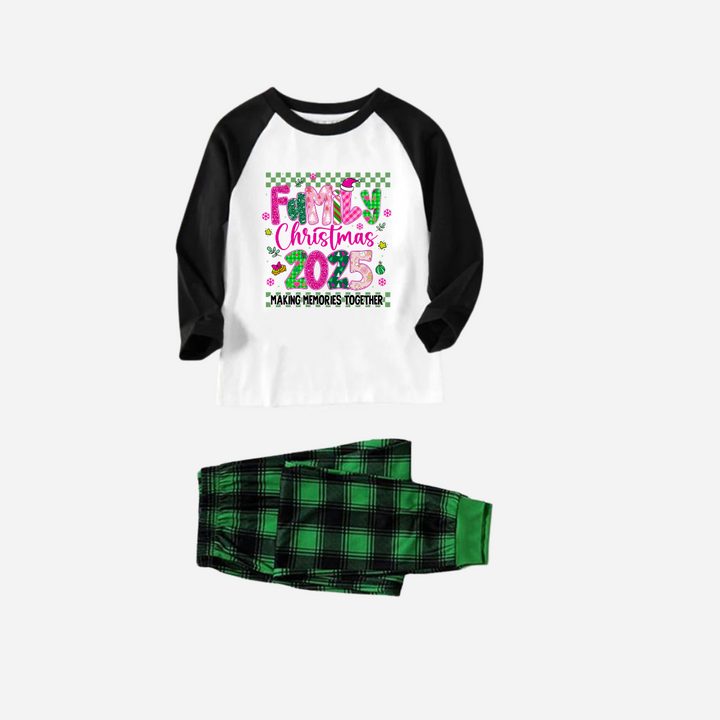 Drune | "Familienweihnachten 2025" Faux Glitter Passende Pyjama-Set - Schwarzes und Weißes Oberteil mit Grünen Karohosen