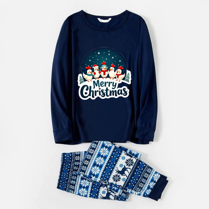 Drune | Lustige blaue Weihnachts-Pyjama-Set mit glücklichen Küken und "Frohe Weihnachten" Textdruck