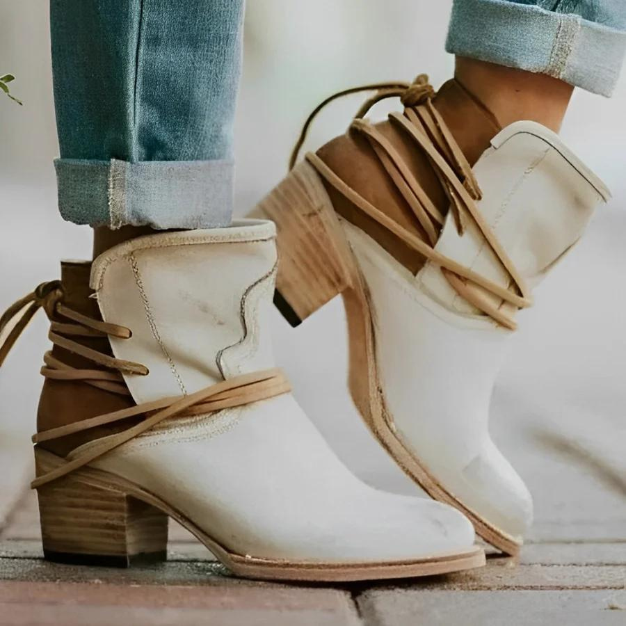 Drune | Damen Western Ankle Boots mit Wickelschnürung, Gewaschenes Leder, Dicke Absätze