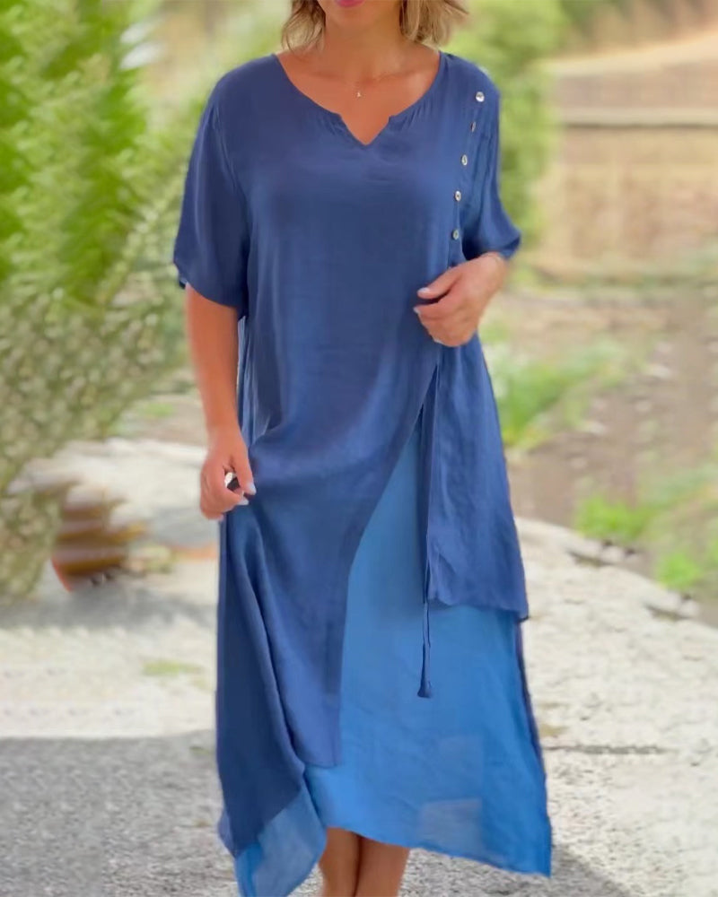 Drune | Asymmetrisches Kleid mit kurzen Ärmeln und V-Ausschnitt