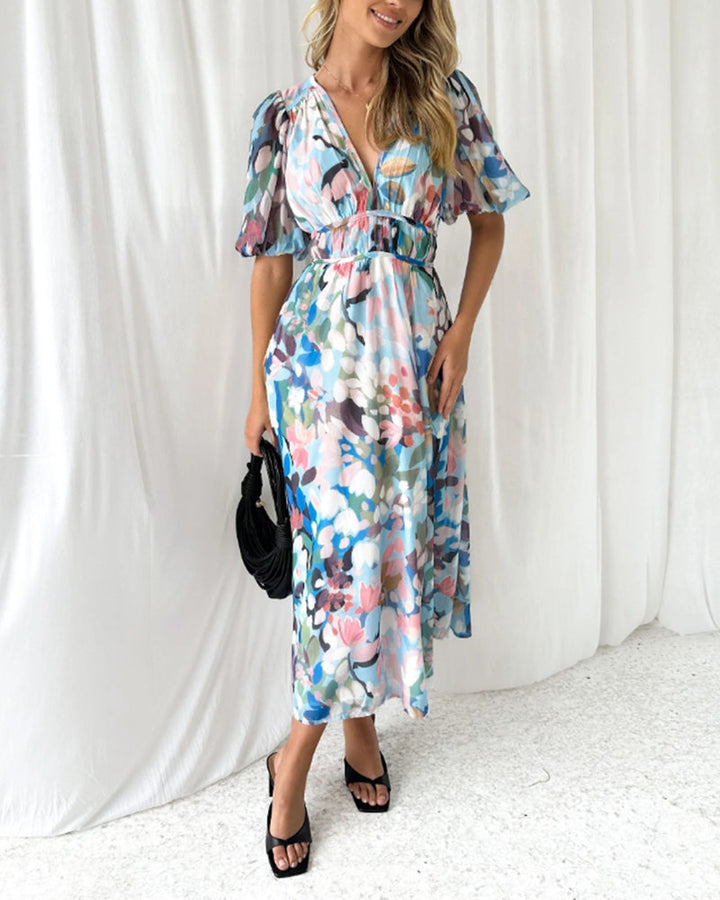 Drune | Elegantes Kleid mit Blumendruck und V-Ausschnitt