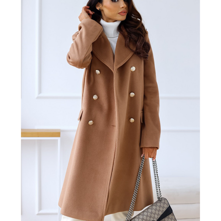 Drune | Breasted Langer Wollmantel - Maßgeschneiderte Passform mit goldenen Knopfdetails - Elegante Winteroberbekleidung
