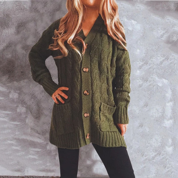 Drune | Wollstrickjacke Damen Mit Zopfmuster Und Holzknöpfen, Lockere